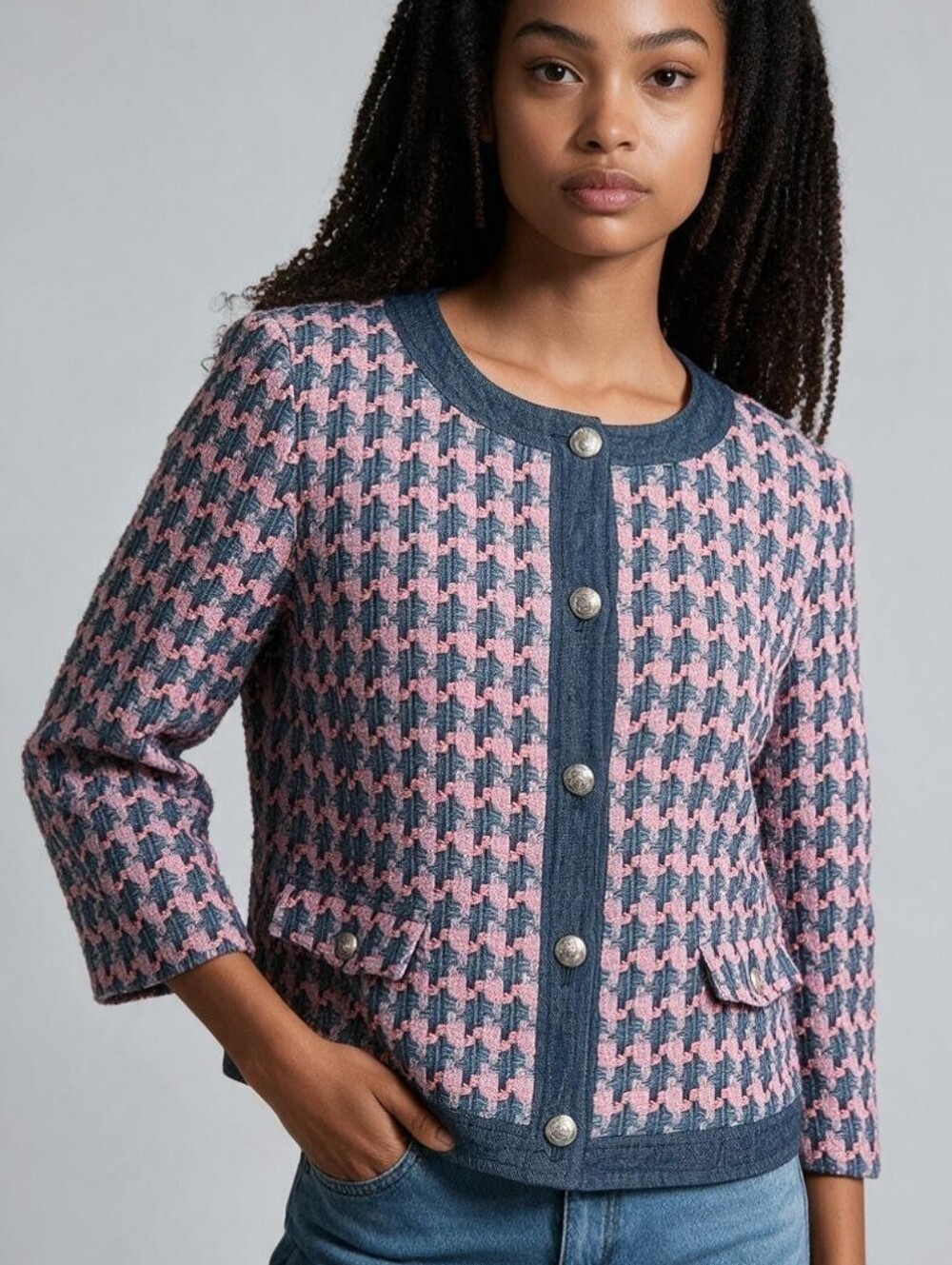 TALBOTS Pink/Blue Houndstooth Tweed 3/4 Sleeve Cropped Denim Trim Jacket Sz 14P